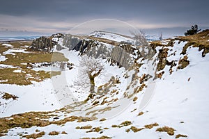 Snow at Walltown Crags below Hadrian`s Wall
