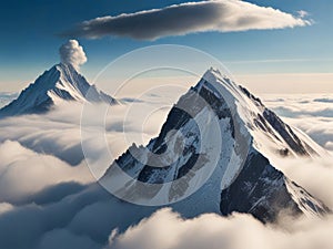 Snow-white beautiful mountain peaks in clouds