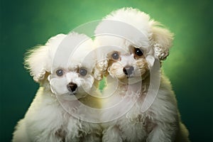 Snow-white fluffy poodles against a green background