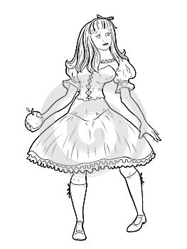 Snow White. The girl stand with bitten apple in her hand and loses consciousness. Fairytale character design.
