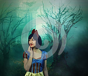 Snow White in the mysterious forest. Artistic processing