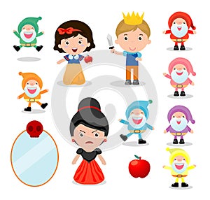 Snow white and the seven dwarfs, Snow White on white background, prince, Princess and Dwarfs and witch, Vector Illustration.