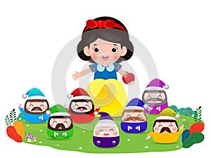 Snow white and the seven dwarfs, Snow White isolated on white background, Princess and Dwarfs and witch, Vector Illustration