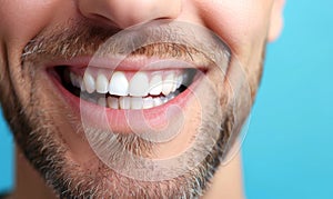 Snow-white smile of a fashionable young man with a beard, dental advertising