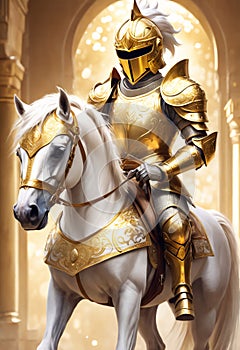 On a snow-white steed, a knight in golden armor advances, imposing and majestic.
