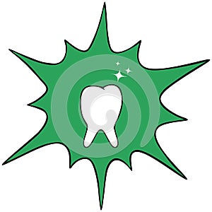 Snow-white tooth. Vector icon. Isolated white background. Radiates whiteness. Green background in the form of a blot. Medical. photo