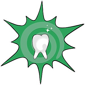 Snow-white tooth. Vector icon. Isolated white background. Radiates whiteness. Green background in the form of a blot. Medical.