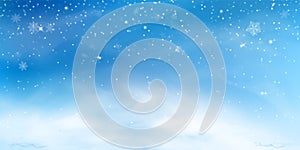 Snow winter background. Christmas sky landscape with cold cloud, blizzard, stylized and blurred snowflakes, snowdrift in