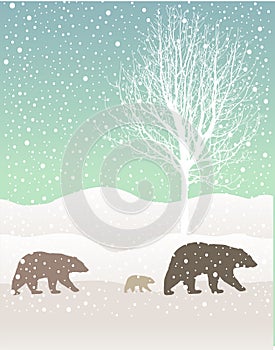 Snow winter forest landscape with grizzly bears