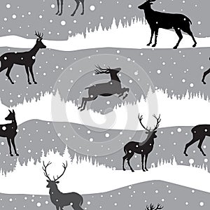 Snow winter landscape with deers. Winter forest skyline seamless pattern with animals and snowfall. Snow winter holiday background