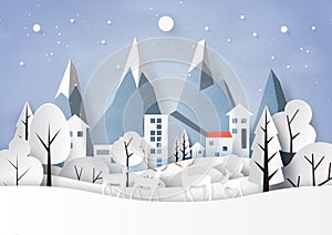 Snow and winter season with nature landscape and countryside for merry christmas and happy new year paper art style.Vector