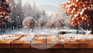 Snow on wooden table with blurred forest backgroundwinter day with fall foliage16k panoramic image