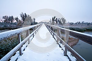 Snow on a wooden walking bridge over the Platte River