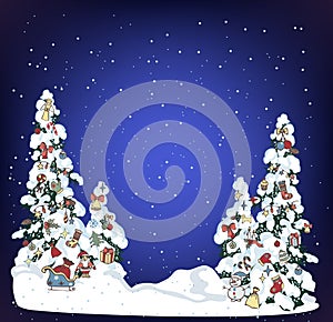 Snow xmas tree on holiday night background. Winter evergreen christmas tree pine with decorated with spruce toys in winter forest