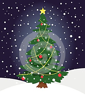 Snow xmas tree. Winter evergreen christmas tree pine with spruce lights decoration on holiday night background
