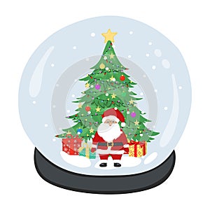 Snowball with Christmas tree, Santa Claus, ornaments, stars, garlands and gift boxes. Snow globe. Vector illustration