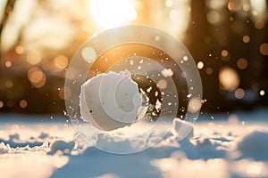 Snowball on snow covered ground at sunny winter day for snow ball effect concept