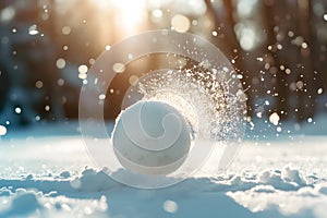 Snowball on snow covered ground at sunny winter day for snow ball effect concept