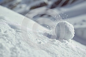 Snowball on snow covered ground at sunny winter day for snow ball effect concept
