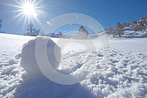 Snowball on snow covered ground at sunny winter day for snow ball effect concept