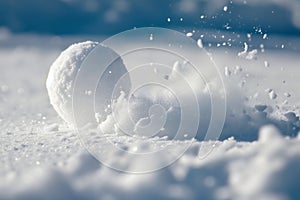 Snowball on snow covered ground at sunny winter day for snow ball effect concept