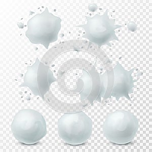Snowball splatter. Snow splashes and round white snowballs winter kids fight game elements, decoration set for christmas