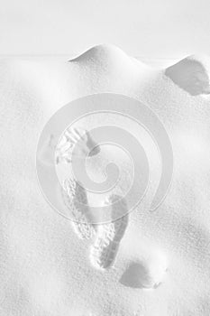 Snowbank with footmark and handprint colorless white