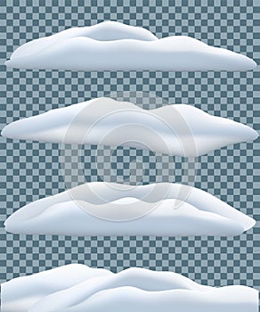 Snowbank set isolated on transparent blue background. Vector winter objects.