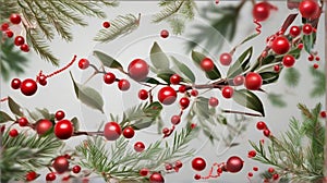 Snowberries with green twigs of Christmas tree, red decorations and cones in a festive garland.