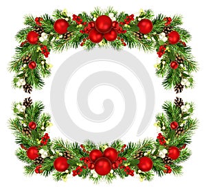 Snowberries with green twigs of Christmas tree, red decorations and cones in a holiday garland for square frame isolated on white