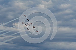 Snowbirds synchronized acrobatic planes performing at air show