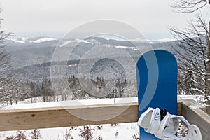 Snowboard. A Board for riding on snow. Snowboard standing in the snow