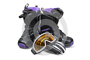 Snowboard boots with gloves and goggles