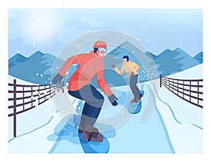 Snowboard cross. Male characters on snowboard. Snowboarder riding down photo