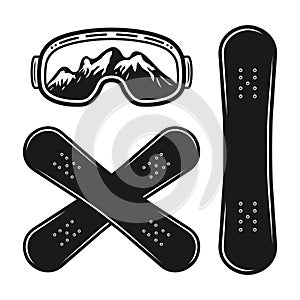 Snowboard decks and ski glasses vector objects