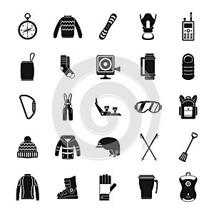 Snowboard equipment winter icons set, simple style