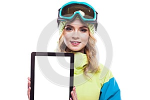 Snowboard girl with empty tablet