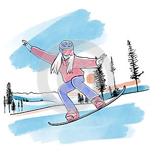 Snowboard girl in sportswear jumping on the slopes cartoon illustration