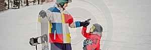 Snowboard instructor teaches a boy to snowboarding. Activities for children in winter. Children`s winter sport