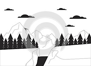 Snowboard jump area mountainside black and white cartoon flat illustration