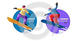 Snowboard jump race snowboarder 3d render character illustration in circle composition sticker of flyer template