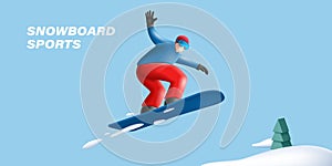 Snowboard jump race snowboarder 3d render character illustration poster, hi five gesture