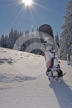 Snowboard in mountains