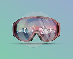 Snowboard protective mask with mountains landscape on reflection. Mountain sky glasses. Snowboarding Goggles. Extreme sport vector