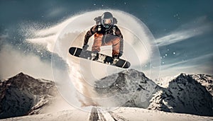 Snowboard rider jumping on mountains. Extreme snowboarding freeride sport.Ilustration, Generative AI photo