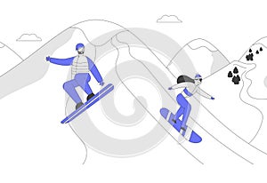 Snowboard Riders Characters Having Fun and Winter Mountain Sports Activity. Adult People Dressed in Winter Clothing