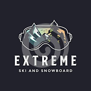 Snowboard ski logo vector with ski snowboarding glasses and wild mountain