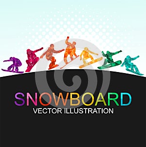 Snowboard, snowboarders, snowboarding extreme winter sport people silhouettes vector illustration, riding a board, tricks