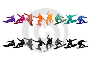 Snowboard, snowboarders, snowboarding extreme winter sport people silhouettes vector illustration, riding a board, tricks men