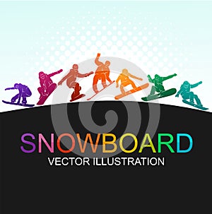 Snowboard, snowboarders, snowboarding extreme winter sport people silhouettes vector illustration, riding a board, tricks men